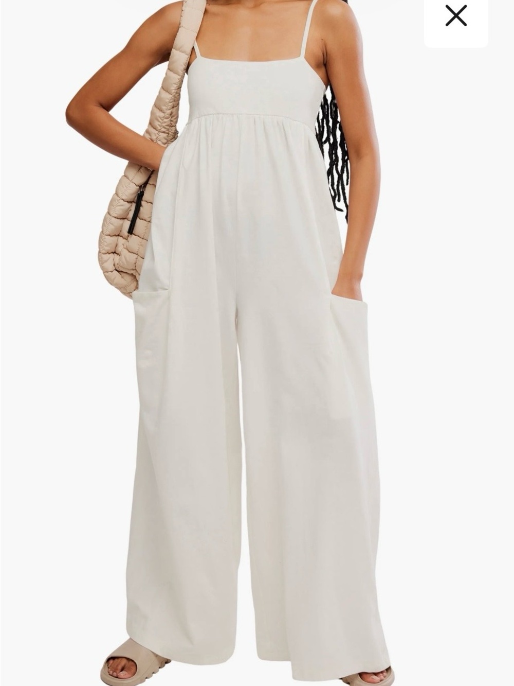 Free People Cream Spaghetti-Strap Wide-Leg Jumpsuit